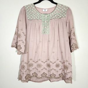 (EUC) MAD STYLE Boho Dusty Rose Lace Detail Short Sleeve Tunic Top